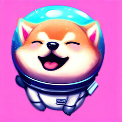 cheerful laughing dog in a space suit on a pink background, Ai-generated