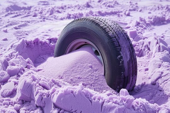 A single tire partially buried in a mound of pastel purple sand.