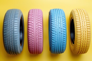 Four pastel-colored tires arranged diagonally on a pastel yellow backdrop.