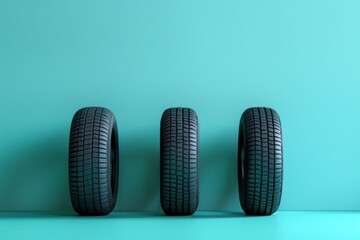 Three tires lined up horizontally on a pastel turquoise surface.