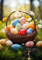 Fototapeta na wymiar Easter eggs in a basket in green grass. Spring season traditional egg hunt colorful decorated eggs in a wicker basket.