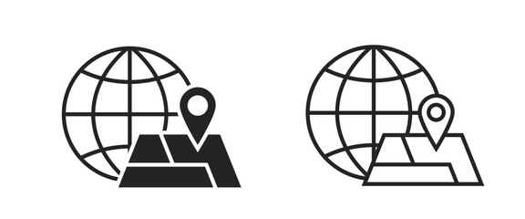 world and map with location pin flat and line icons. travel and navigation symbols. isolated vector images for tourism design