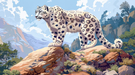 A magnificent snow leopard stands on a rocky ledge against a mountainous landscape backdrop.