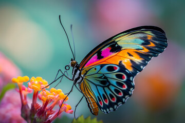 a beautiful colorful butterfly sits on a beautiful colorful flower, generative AI