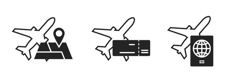 air travel icons. plane and map, passport, flight ticket. journey and vacation symbols. isolated vector images for tourism design