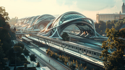 Futuristic Railway Station Concept. Generative AI - obrazy, fototapety, plakaty