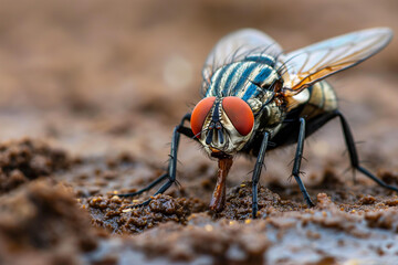 a big nasty dirty fly sits on the excrement, generative AI