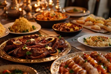 A spread of dishes and ingredients on a table set with food and tableware