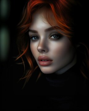 closeup woman red hair black turtleneck sultry look redhead girl female witch young blonde portrait love android mystic soft lighting