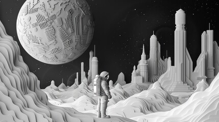 Papercut Astronauts Encounter with an Eerily Deserted Alien City