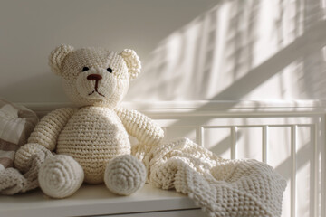 Handmade crochet teddy bear doll sitting on white drawer commode in baby room. Kid room interior, white walls with shadows and wooden furniture