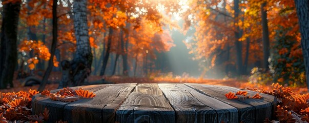 Sunlit autumn forest with a rustic wooden table, perfect setting for seasonal outdoor concepts - obrazy, fototapety, plakaty