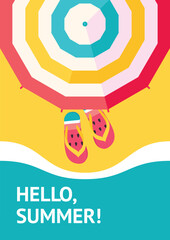 Summer poster with striped sun umbrella and flip flop on the beach. Hot season travelling background with parasol and sandals on the sea coast. Banner, flyer, card, invitation