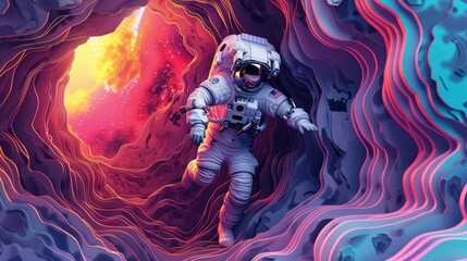 Papercut Astronaut Embarking on Wormhole Adventure in Vibrant Cosmos