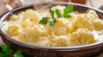 Cooked cauliflower, served with a thick cheese sauce, an irresistible combination of flavors and textures. A cooked cauliflower with aromas and flavors of creamy cheese sauce.