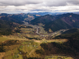 view of the valley of the mountains drone view