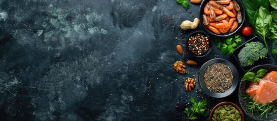Obraz na płótnie Canvas Food sources of omega 3 and healthy fats displayed on a dark background from a top-down perspective, with space for additional content. Included are vegetables, seafood, nuts, and seeds.