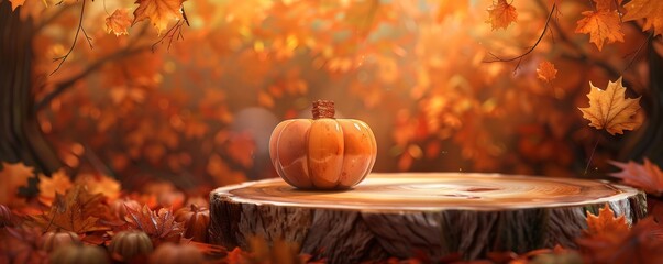 Autumn mood with vibrant orange pumpkin on a wooden stump in a forest - obrazy, fototapety, plakaty