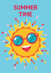 Summer poster with cool funny sun character wearing sunglasses. Happy cute sun emoji laughing in the sky. Joyful sun character.  Background, flyer, banner, invitation