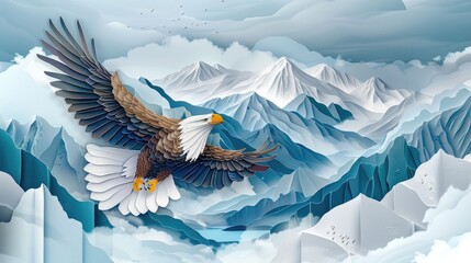 Majestic Eagle Soaring Above Mountain Peak in Intricate Papercut Art - obrazy, fototapety, plakaty