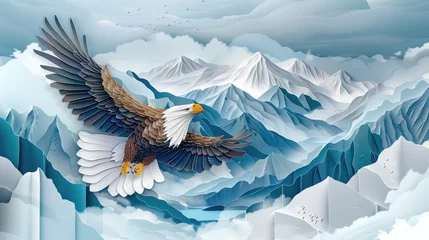 Fototapeten Majestic Eagle Soaring Above Mountain Peak in Intricate Papercut Art © Sittichok
