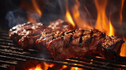 Detailed macro shot of marinated meat being grilled on a hot barbecue, with flames and smoke adding to the cooking ambiance