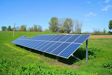 photovoltaic solar panels producing ecological green renewable energy on green grass on green field, generative AI