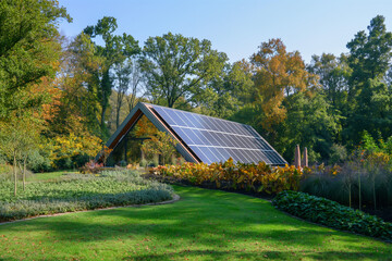 photovoltaic solar panels producing ecological green renewable energy on the roof of the house, generative AI