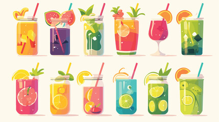Collection of colorful refreshing soft drinks in gl