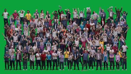 Huge crowd of supportive sports fans gesticulate and shout watching football match on stadium. Group of diverse people cheering for soccer team playing in tournament. Green screen. Alpha channel. - Powered by Adobe