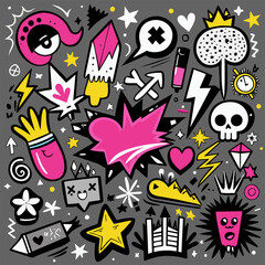 Charcoal graffiti doodle punk and girly shapes collection. Graphic design elements. Vector illustration