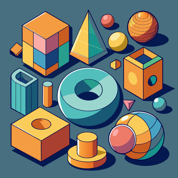 Set of 3d shapes cube ball pyramid and others. Isometric vector illustration.