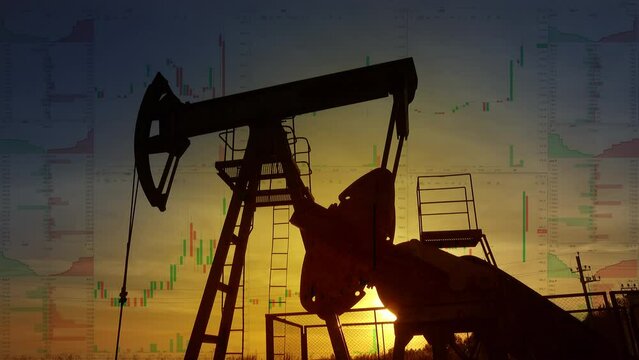Oil pump silhouette at sunset on background of stock charts. Industry energy power. Business financial concept, 4k