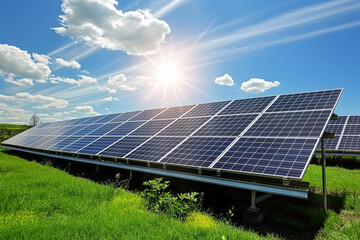 photovoltaic solar panels producing ecological green renewable energy on green grass on green field, generative AI
