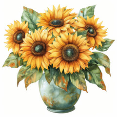 Bright and cheerful watercolor arrangement of sunflowers in a rustic vase.
