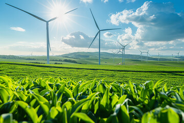 windmills on a wind farm in green ecological meadows and farmlands, generative AI