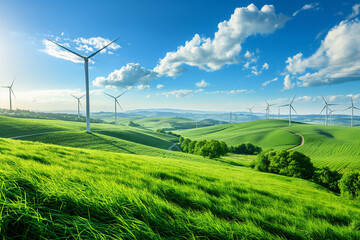 windmills on a wind farm in green ecological meadows and farmlands, generative AI - obrazy, fototapety, plakaty
