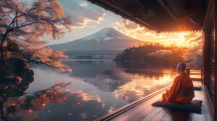 Meditation of a Zen / Buddhist Monk, surrounded by a traditional japanese landscape, atmospheric and moody landscape, pensive stillness within a mystic landscape.