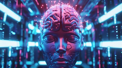Android with human brain inside wallpaper background - obrazy, fototapety, plakaty