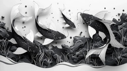 Papercut Style Group of Catfish Swimming in a River Intricate Underwater