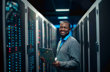 IT professional in data center. A cheerful IT engineer stands in the aisle of a data center, holding a tablet and radiating confidence amid the hum of servers.