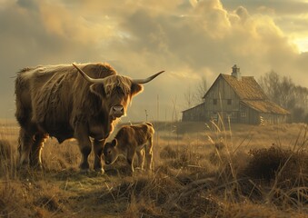 two cows standing field barn background large creatures distance father figure mead hooves wings frame - obrazy, fototapety, plakaty