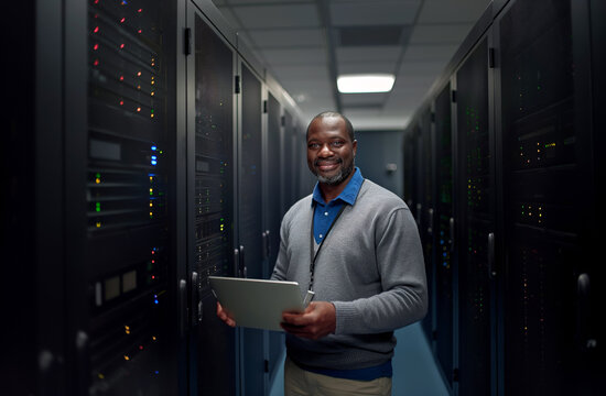 Confident African American IT professional holding a laptop standing in server room.