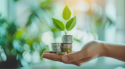A hand holds a stack of coins with a growing plant on top, symbolizing investment growth and eco-finance. - obrazy, fototapety, plakaty