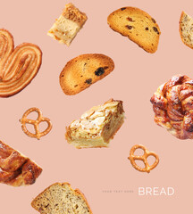 Creative layout made of sweet bread on the pink background. Food concept. Macro concept.