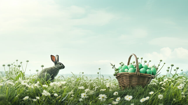 Easter bunny in sunny garden with decorated, colorful eggs. Easter bunny in green grass garden with colorful eggs and bunny with copy space.
