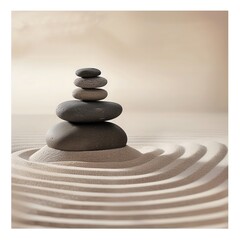 Fototapeta na wymiar Serene Zen garden print, great for a spa or bathroom, featuring smooth stones and raked sand to promote relaxation and mindfulness.