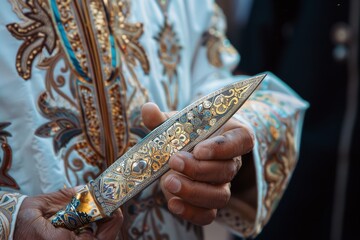 Close-up photo of hands holding a beautifully decorated knife for the sacrifice ritual on Eid al-Adha, emphasizing detail and tradition