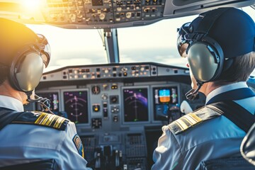 Two pilots flying cockpit aircraft controls travel airlines plane airplane transportation flight...