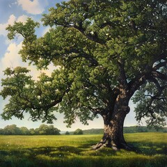 Majestic oak tree in a lush meadow, perfect for a living room or study, symbolizing strength and longevity with its sprawling branches and robust trunk.